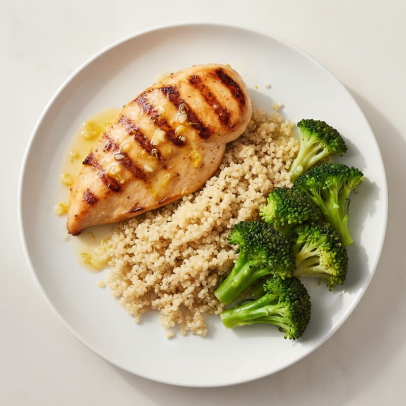 Grilled Lemon Garlic Chicken Breast with Quinoa and Steamed Broccoli