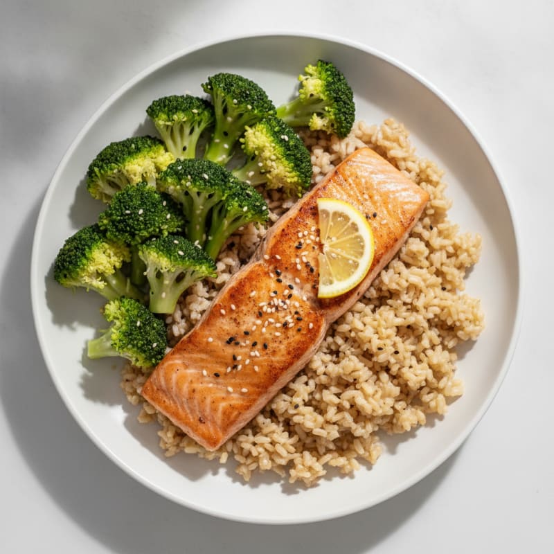 Seared Salmon with Steamed Broccoli and Brown Rice