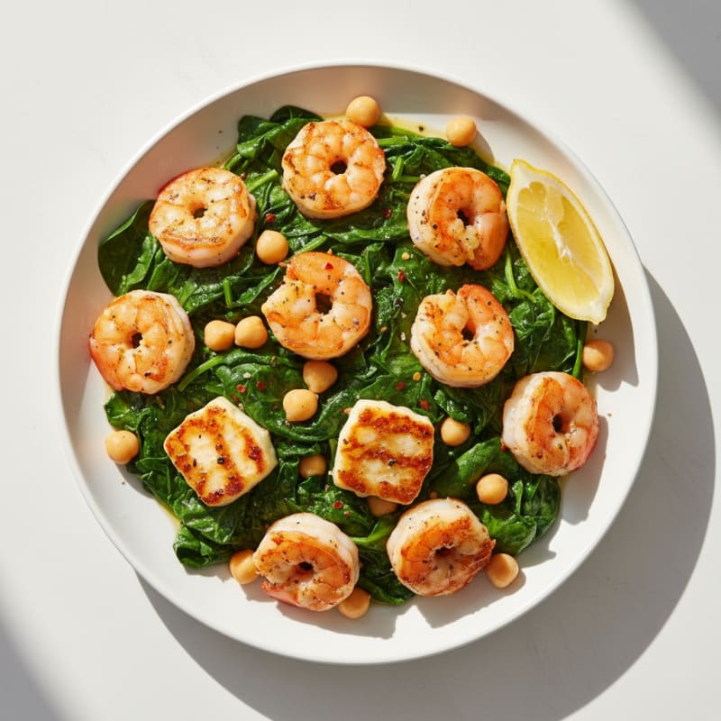 Pan-Seared Halloumi and Shrimp with Garlicky Spinach