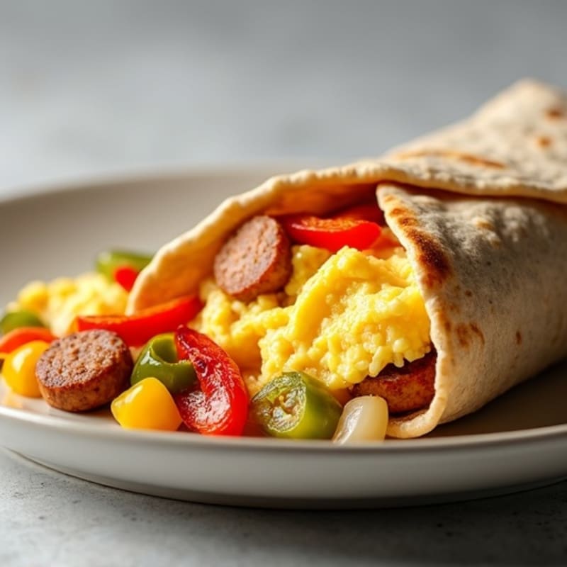 Lean Turkey Sausage and Fluffy Egg Whole Wheat Burrito with Sautéed Peppers