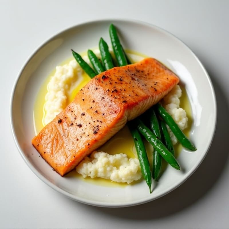 Seared Salmon with Steamed Green Beans and Cauliflower Mash