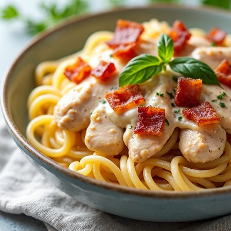 Creamy Chicken Carbonara with Crispy Turkey Bacon and Whole Wheat Spaghetti