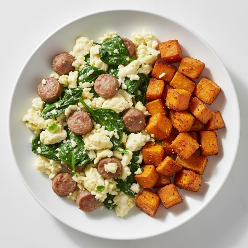 Egg White and Turkey Sausage Scramble with Spinach and Roasted Sweet Potato