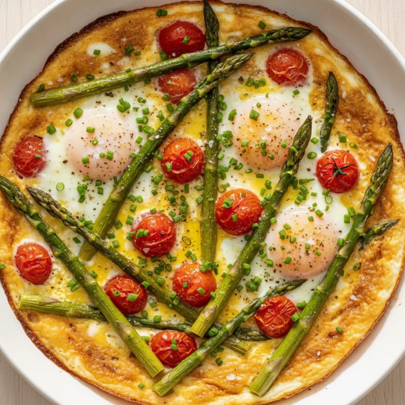 Baked Eggs with Roasted Asparagus and Tomatoes