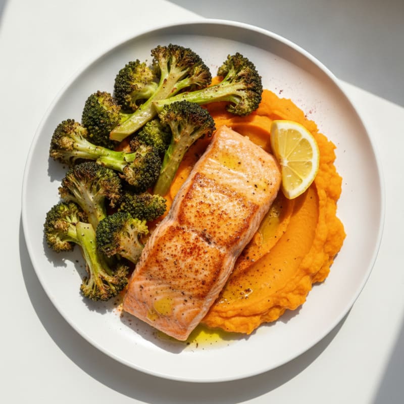 Seared Salmon Fillet with Roasted Broccoli and Sweet Potato Mash