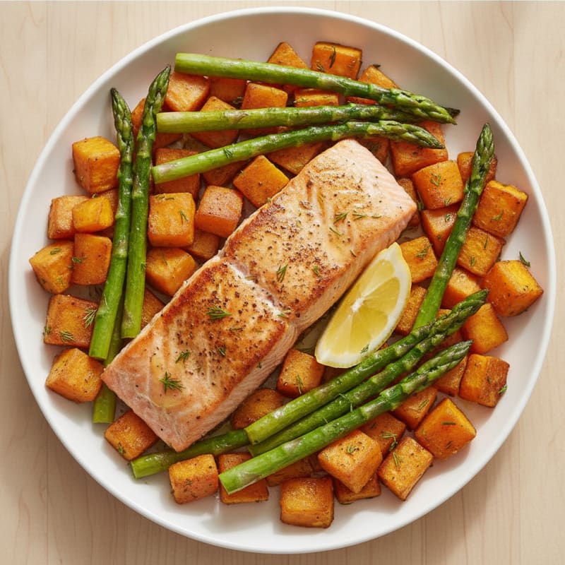 Seared Salmon with Roasted Sweet Potatoes and Asparagus