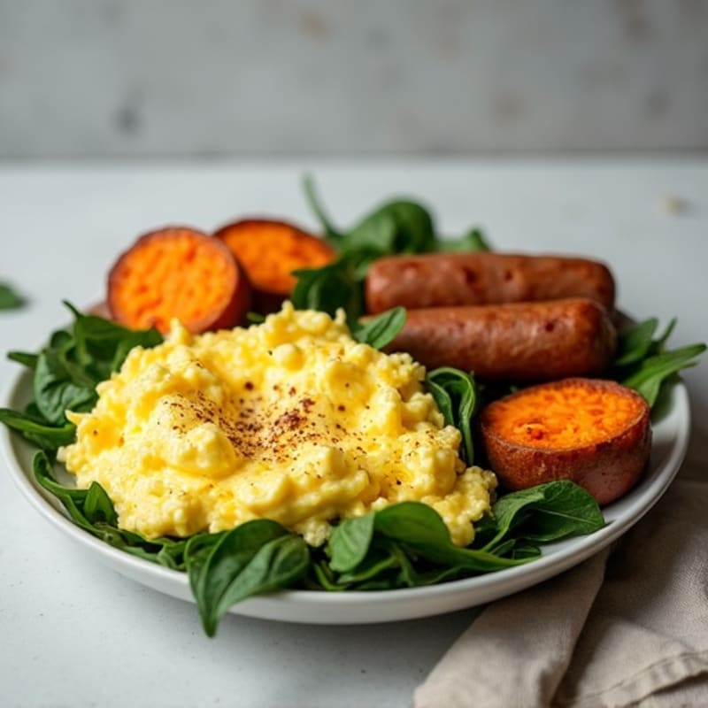 Fluffy Scrambled Eggs with Fresh Spinach and Roasted Sweet Potatoes