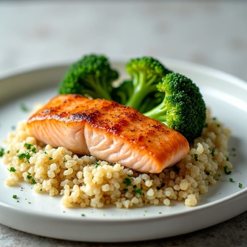 Seared Salmon with Steamed Broccoli and Quinoa