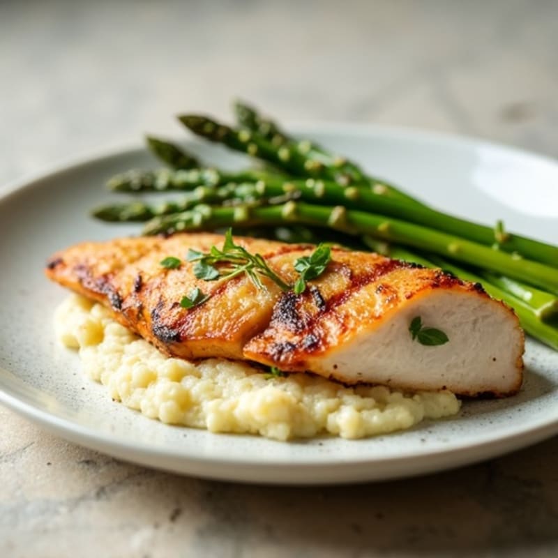 Seared Turkey Breast with Steamed Asparagus and Cauliflower Mash