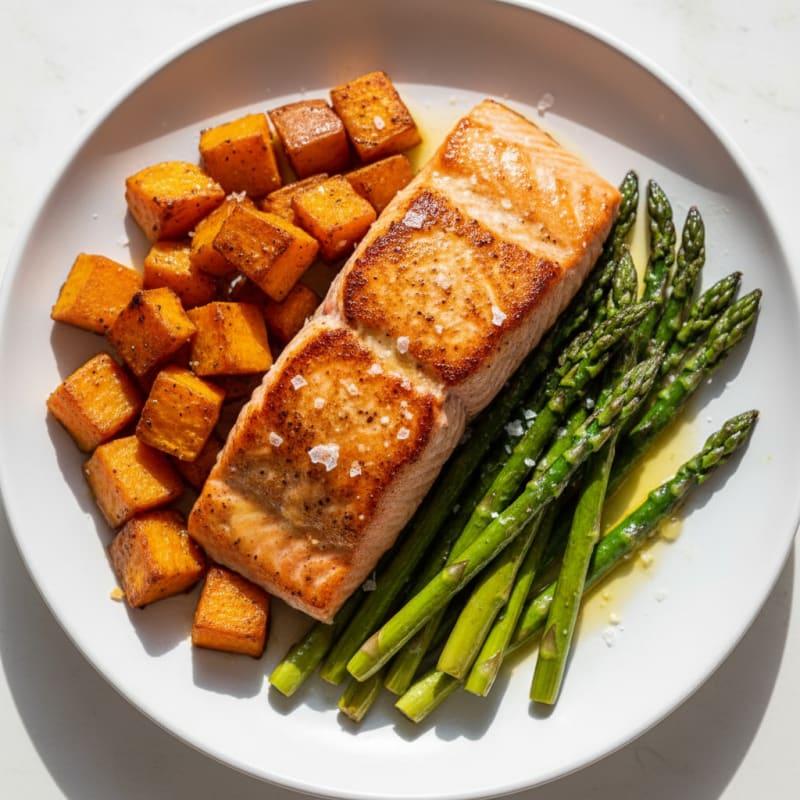 Seared Salmon Fillet with Roasted Sweet Potatoes and Asparagus