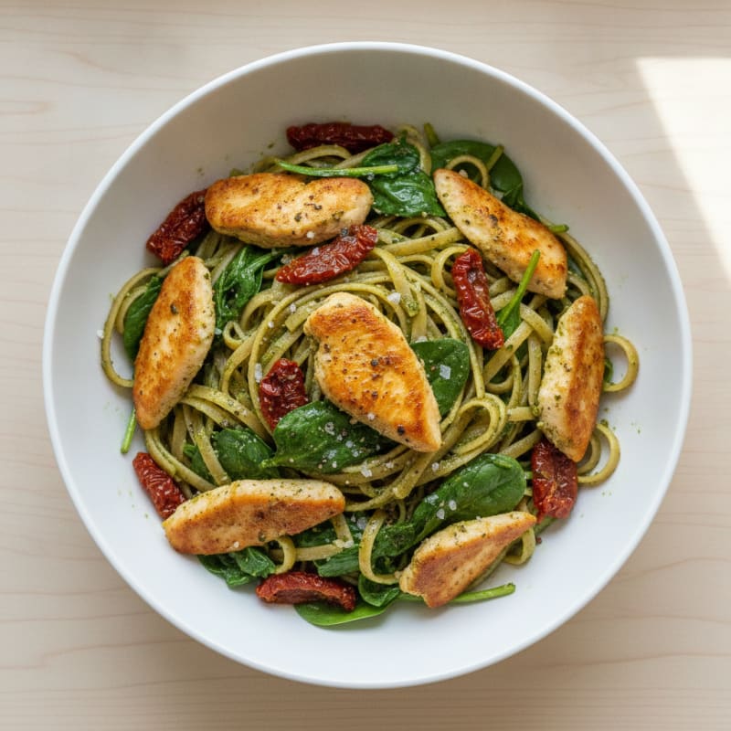 Pesto Chicken Linguine with Sun-Dried Tomatoes