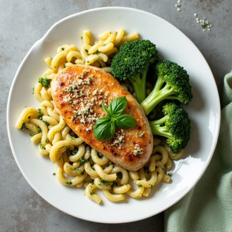 Pan-Seared Chicken with Fresh Pesto Pasta and Roasted Broccoli