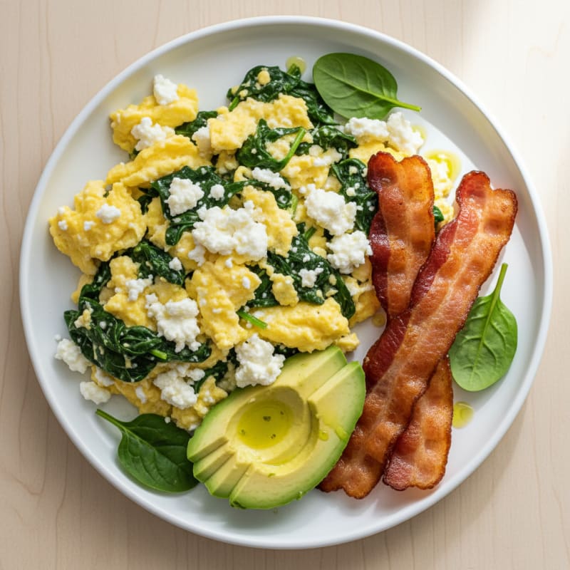 Cottage Cheese Egg Scramble with Spinach and Turkey Bacon