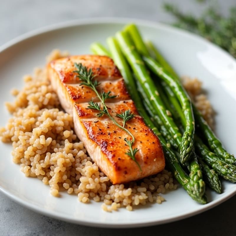 Seared Salmon Fillet with Steamed Asparagus and Brown Rice
