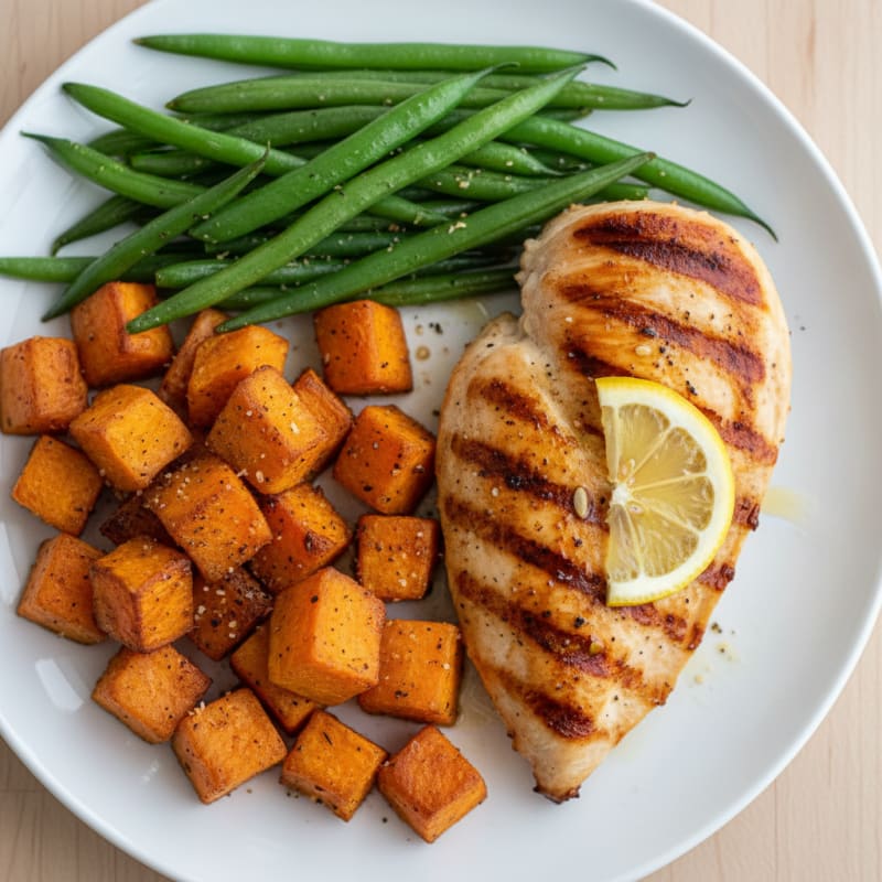 Grilled Chicken Breast with Roasted Sweet Potato and Green Beans