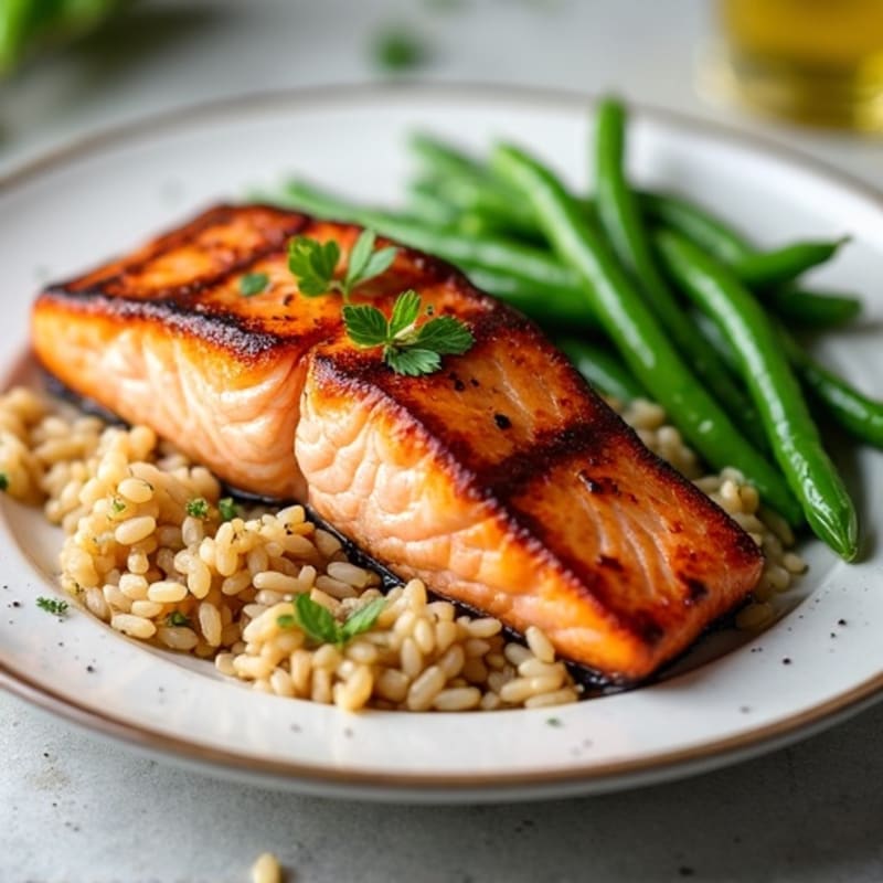 Seared Salmon with Steamed Green Beans and Brown Rice