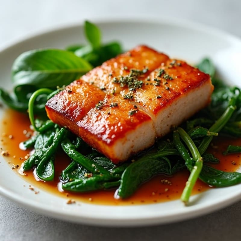 Crispy Slow-Braised Pork Belly with Garlic Greens