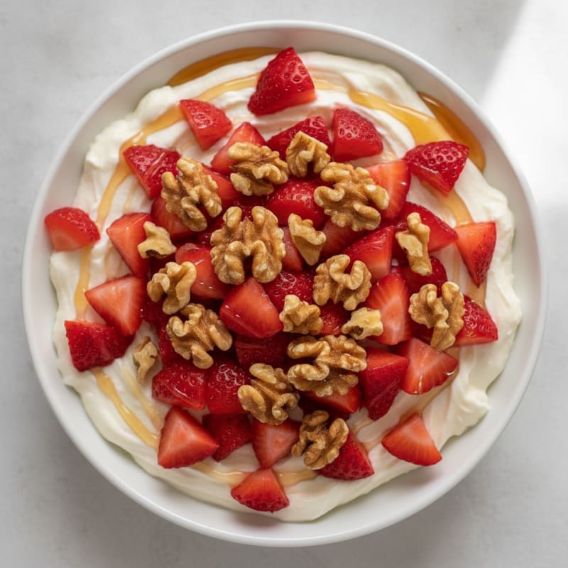 Creamy Greek Yogurt with Protein Powder and Chopped Strawberries