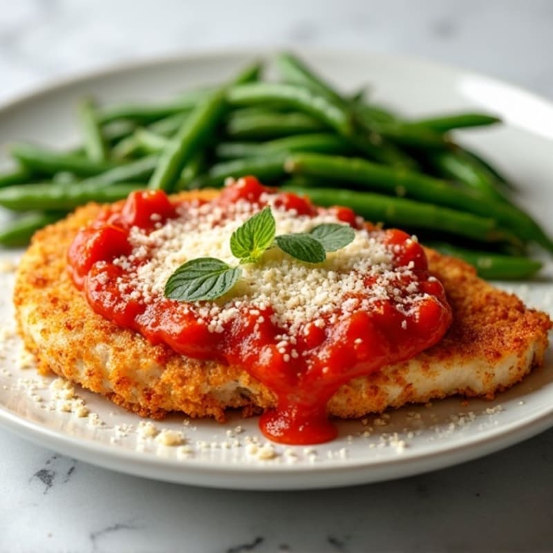 Healthy Crispy Chicken Parmesan with Roasted Green Beans