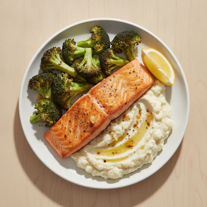 Seared Salmon with Roasted Broccoli and Garlic Mashed Cauliflower