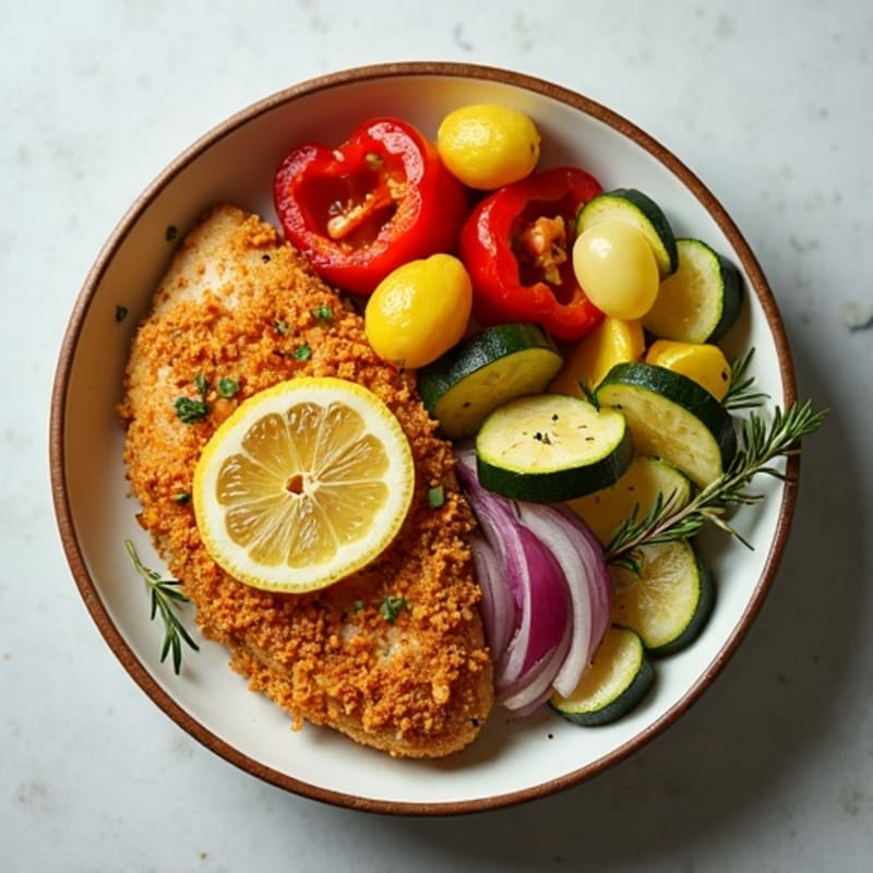 Crispy Lemon Herb Chicken and Roasted Vegetable Bowl