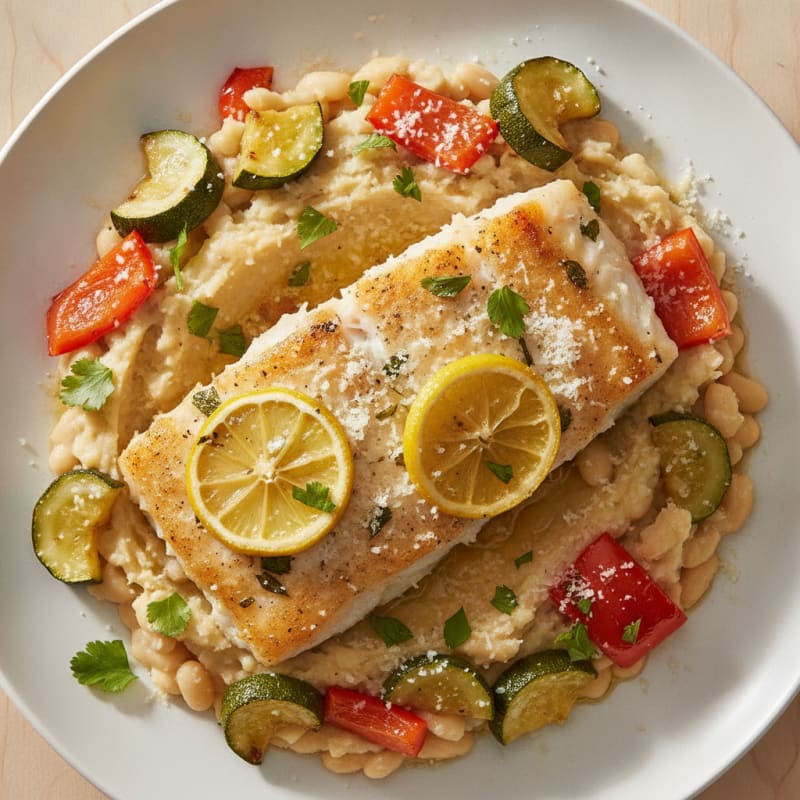 Baked Cod with Roasted Vegetables and White Bean Mash