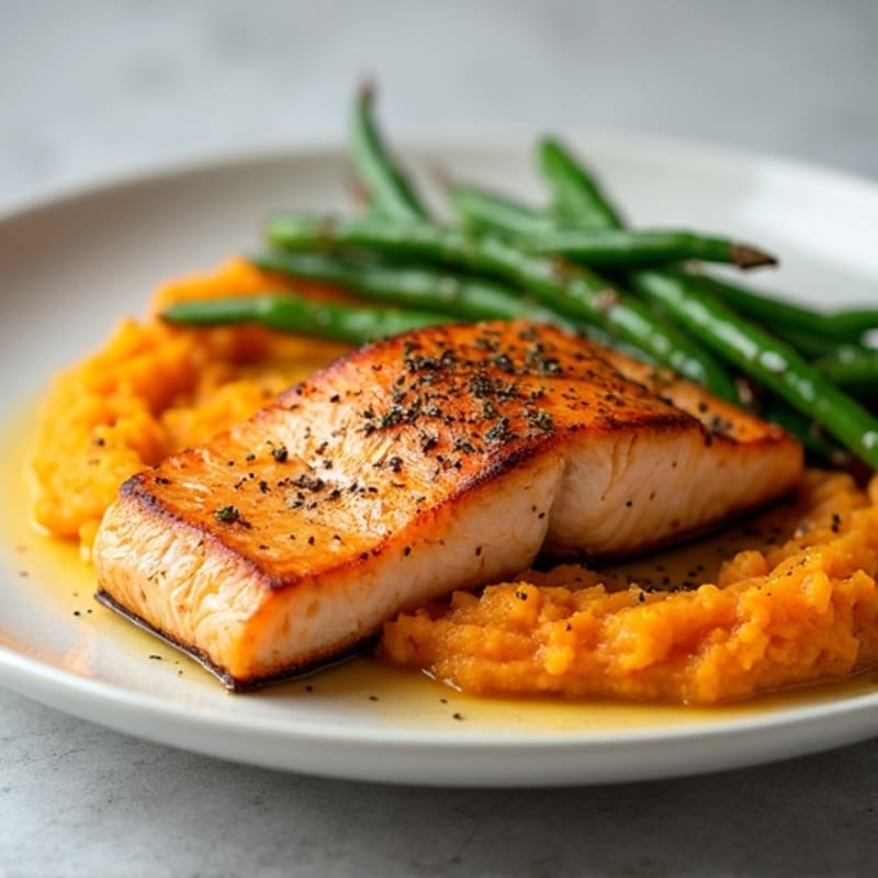 Seared Salmon with Garlic Green Beans and Sweet Potato Mash