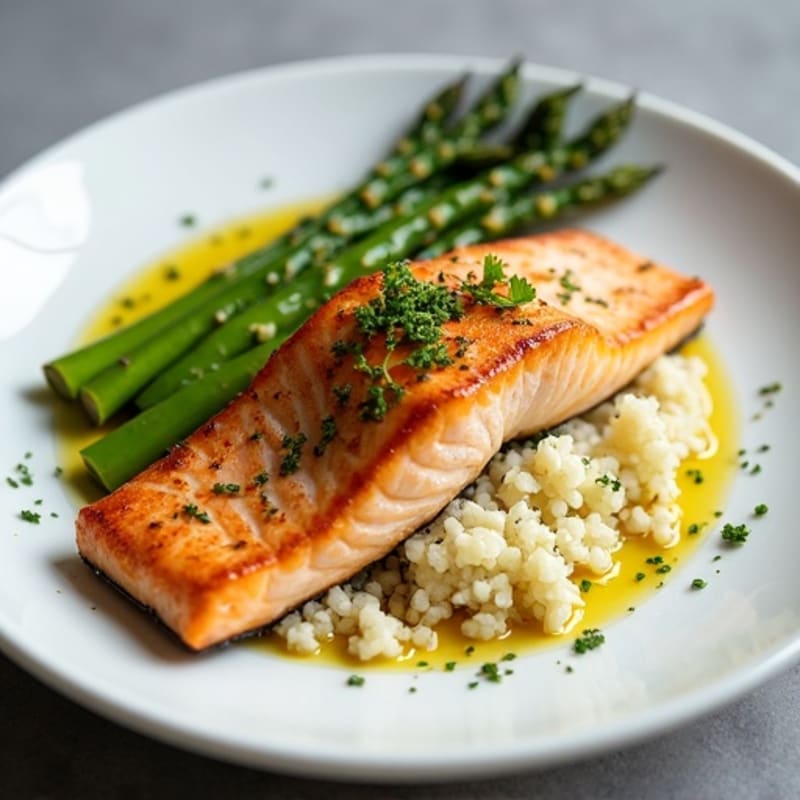 Seared Salmon Fillet with Roasted Asparagus and Cauliflower Rice