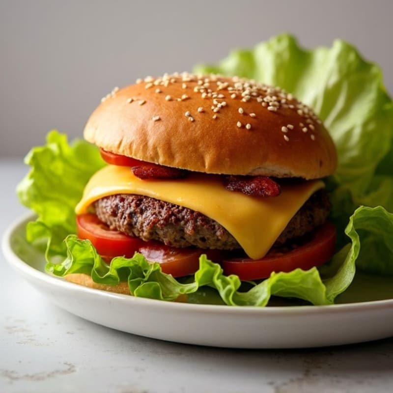 Lean Ground Beef Burger with Crispy Turkey Bacon and Melted Cheddar