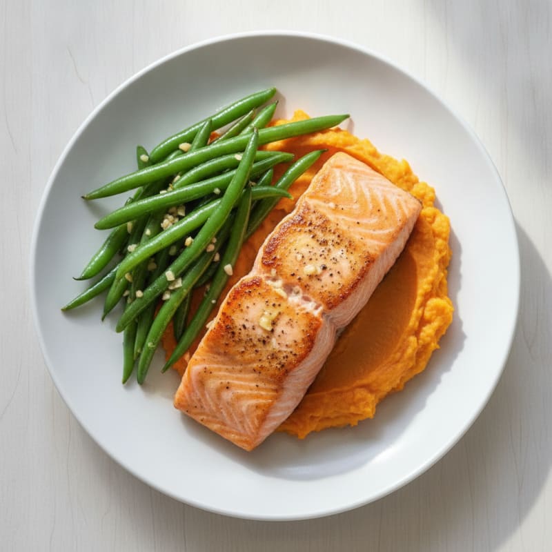 Seared Salmon with Garlic Green Beans and Sweet Potato Mash