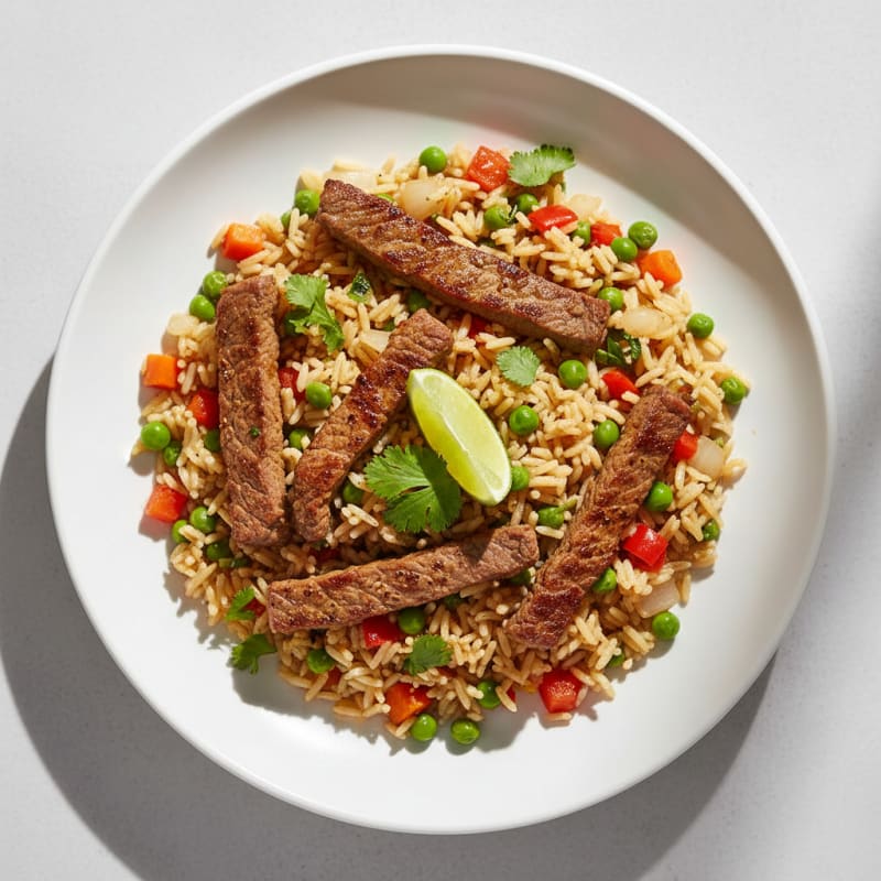 Seared Lean Beef Strips with Vegetable Rice Pilaf