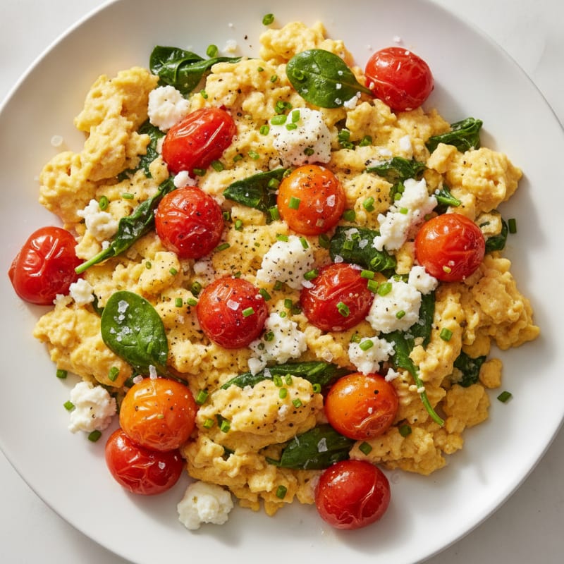 Scrambled Eggs with Feta and Cherry Tomatoes