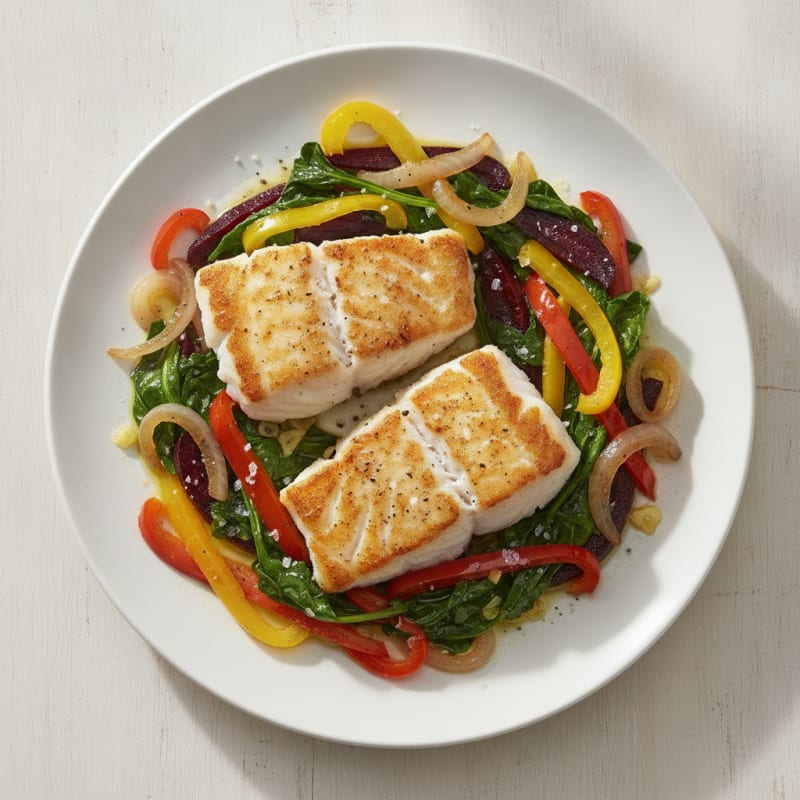 Pan-Seared Cod with Peppers and Greens