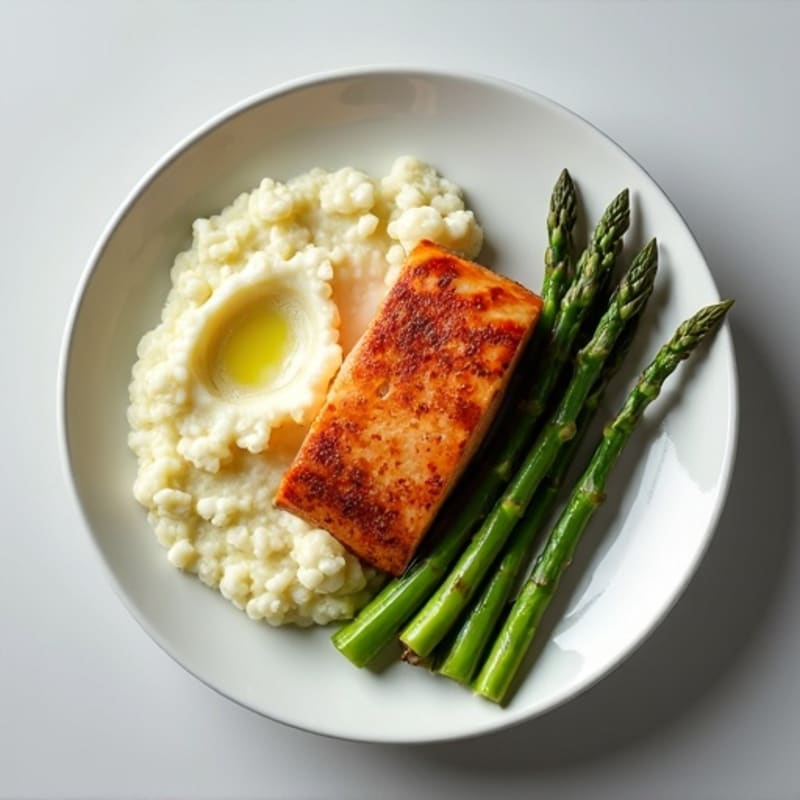 Seared Salmon with Steamed Asparagus and Mashed Cauliflower