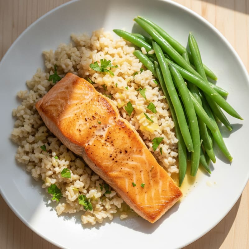 Seared Salmon with Steamed Green Beans and Herbed Brown Rice