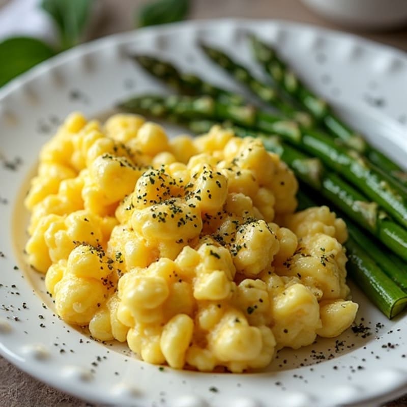 Fluffy Scrambled Eggs with Fresh Herbs and Roasted Asparagus