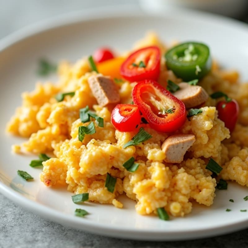Cottage Cheese Scramble with Roasted Turkey and Sautéed Peppers