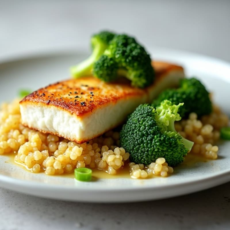 Seared Cod with Steamed Broccoli and Garlic Quinoa