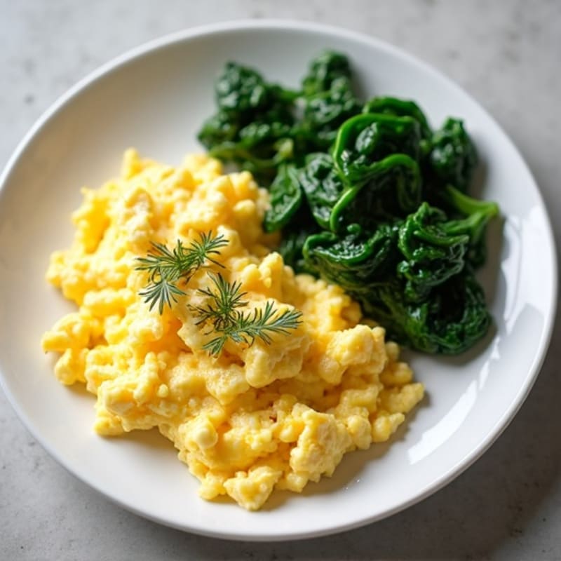Creamy Scrambled Eggs with Sautéed Spinach and Cottage Cheese