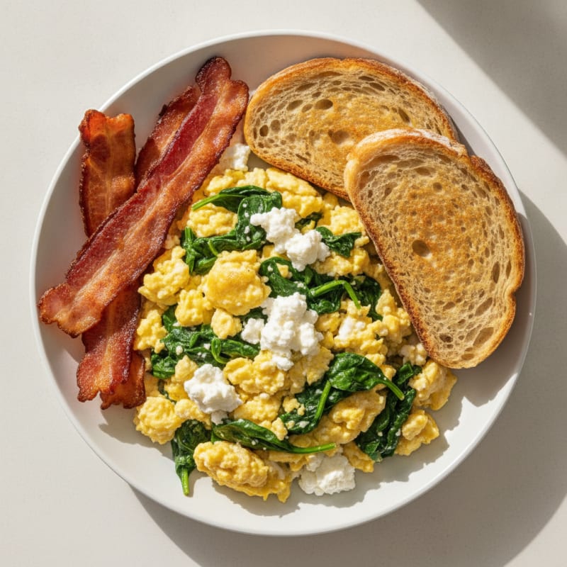 Cottage Cheese Scramble with Spinach and Turkey Bacon