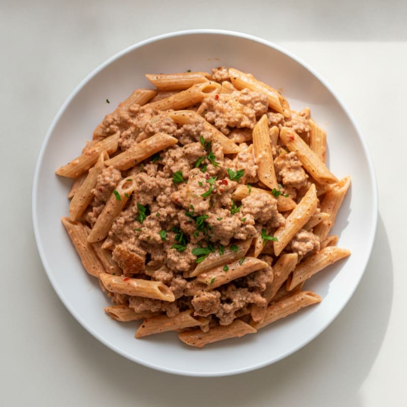 Ground Beef Penne with Spicy Rosé Sauce
