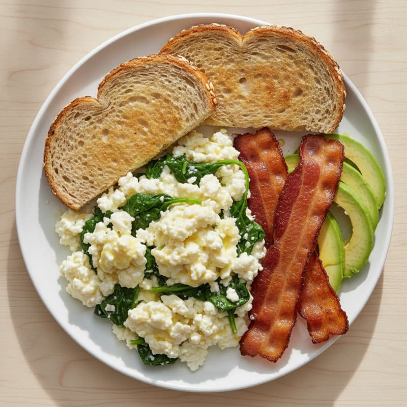 Cottage Cheese Scramble with Spinach and Turkey Bacon