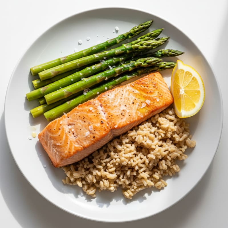 Seared Salmon with Steamed Asparagus and Brown Rice