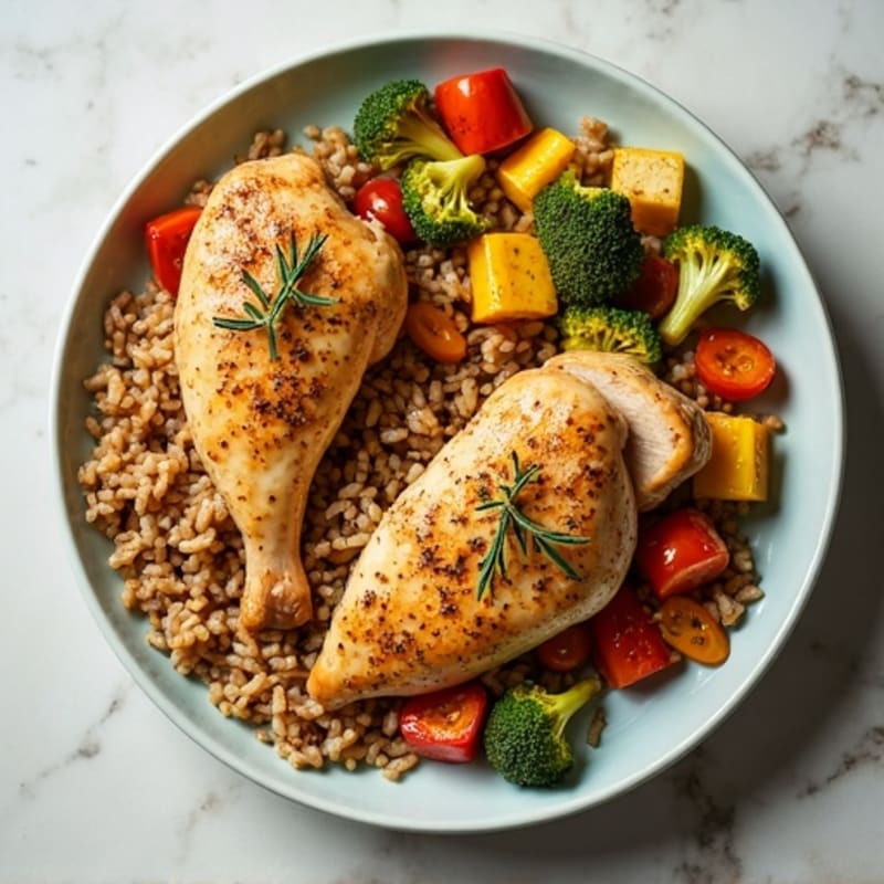 Sheet Pan Lemon-Herb Baked Chicken with Roasted Vegetables and Brown Rice