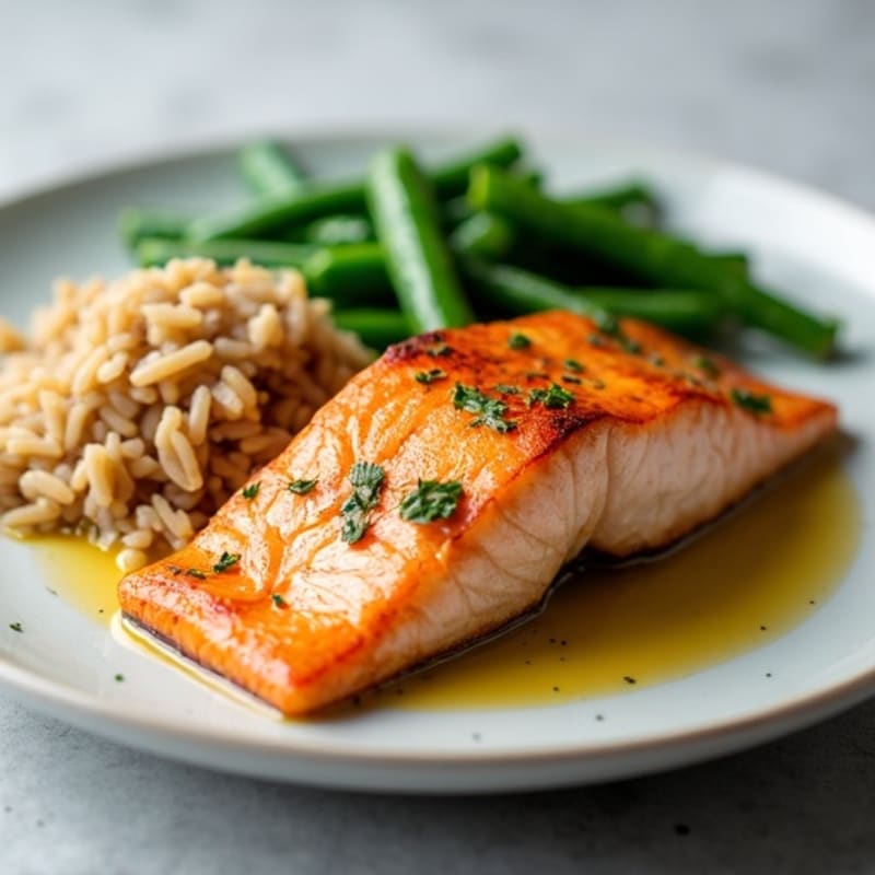 Seared Salmon with Garlic Green Beans and Brown Rice