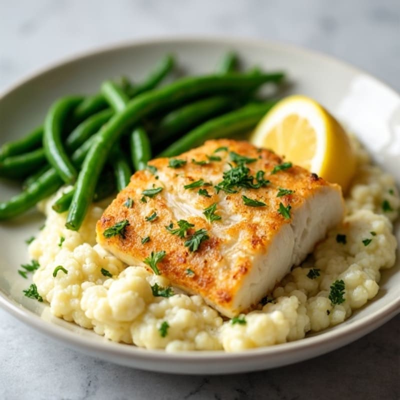 Baked Cod with Herb-Cauliflower Mash and Green Beans