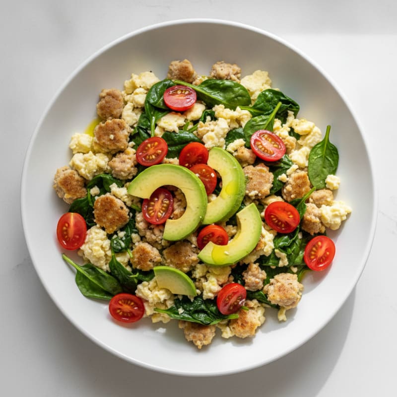 Egg White and Turkey Sausage Scramble with Spinach and Cherry Tomatoes