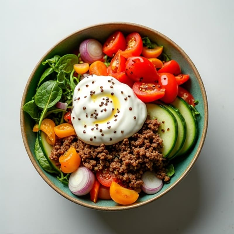 Lean Ground Beef and Crisp Veggie Bowl with Creamy Tangy Dressing