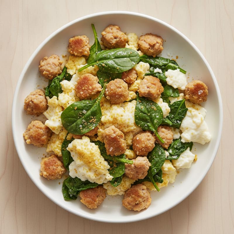 Crispy Egg White and Turkey Sausage Scramble with Spinach