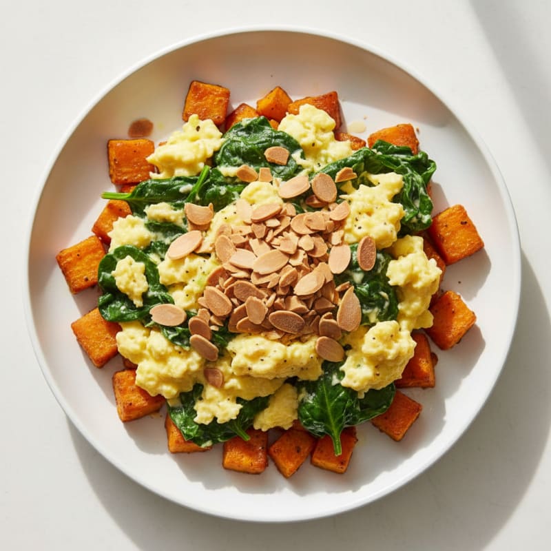 Egg and Spinach Scramble Bowl with Roasted Sweet Potatoes and Toasted Almonds